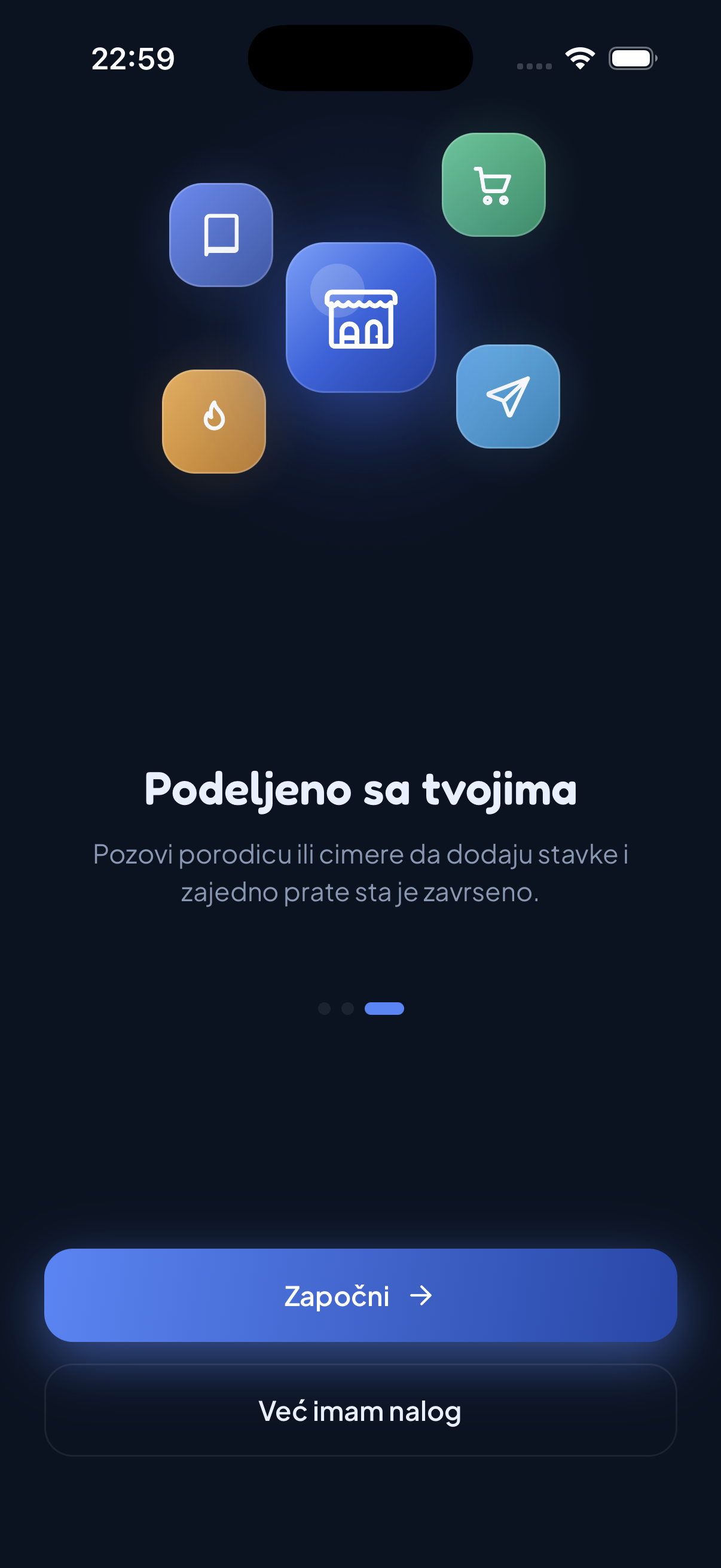 Listco početni ekran sa listom za kupovinu